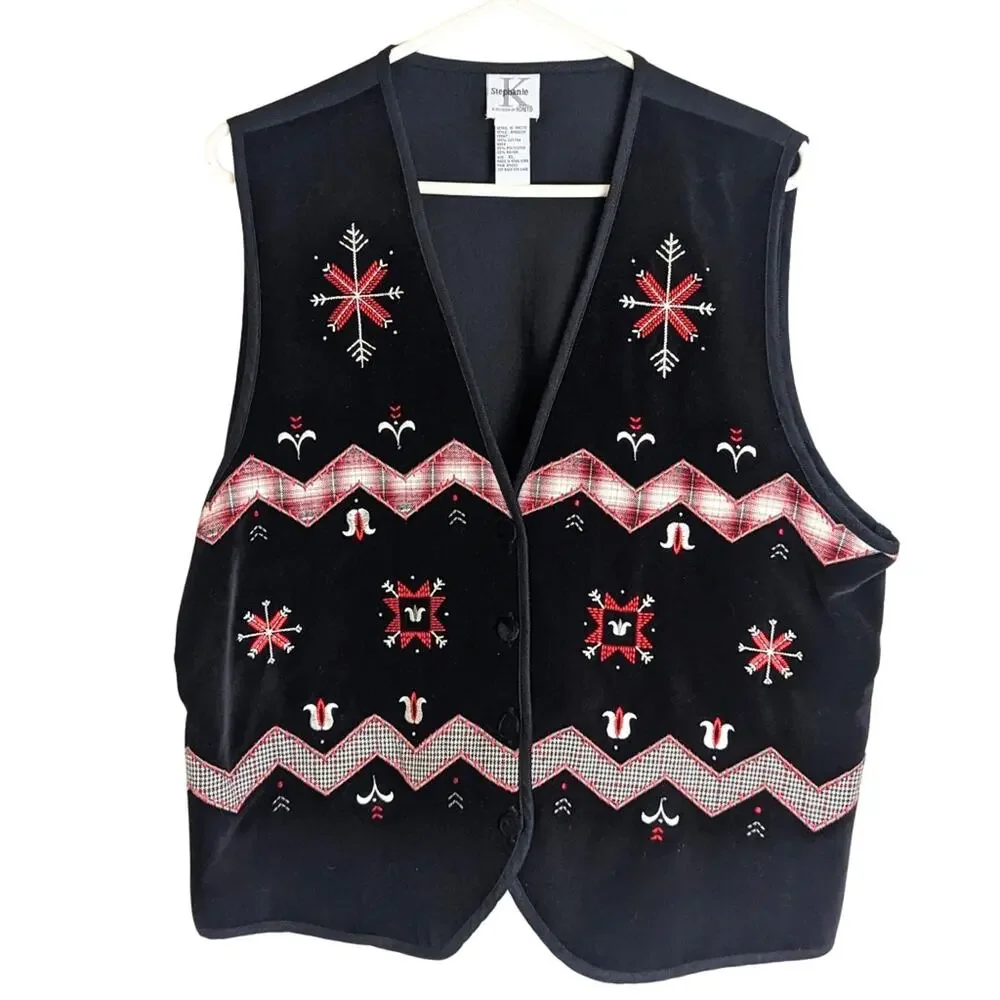 Vintage Velvet Embroidered Patchwork Holiday Vest Women's Size Extra Large